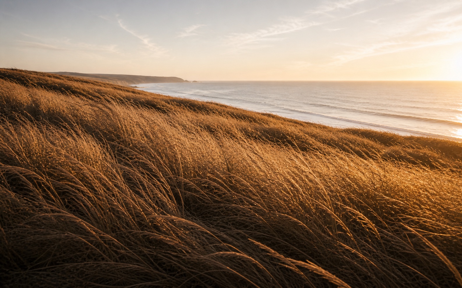 Windswept coastal grass leading toward open water and a bright horizon