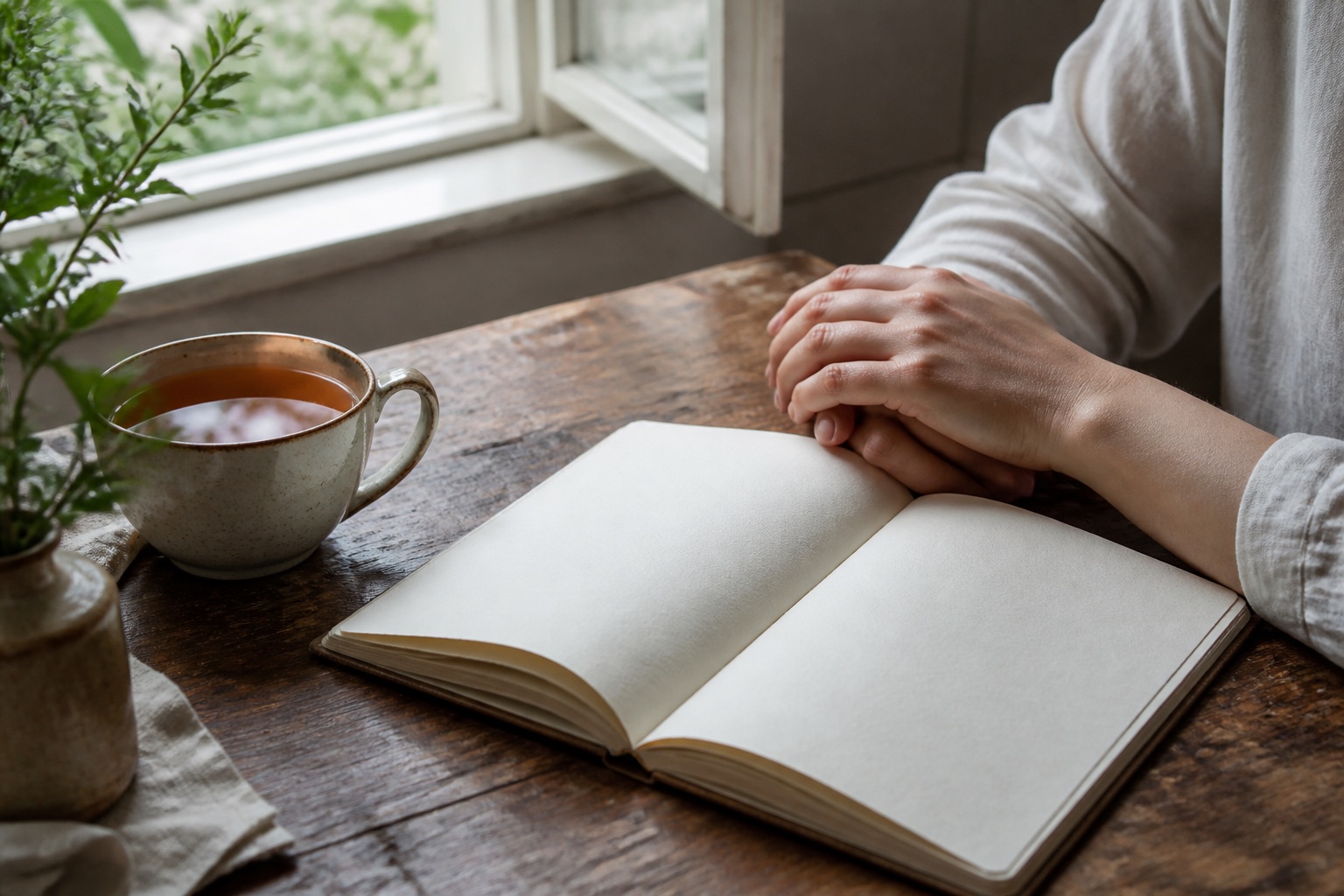 A journal and tea by an open window during a quiet reflection moment